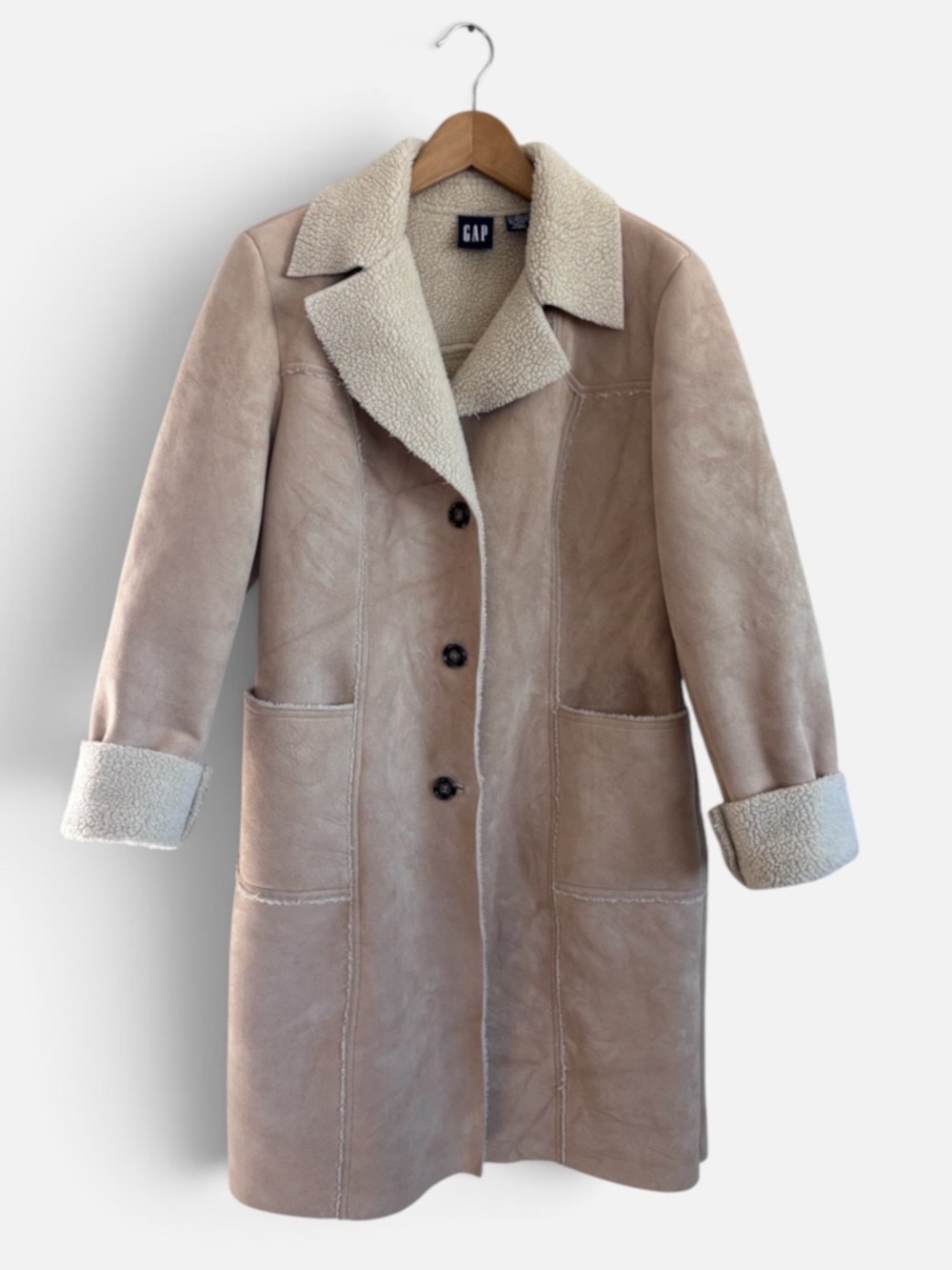 Vintage GAP Penny Lane Faux Suede Sherpa Long Trench Camel Shearling Coat L